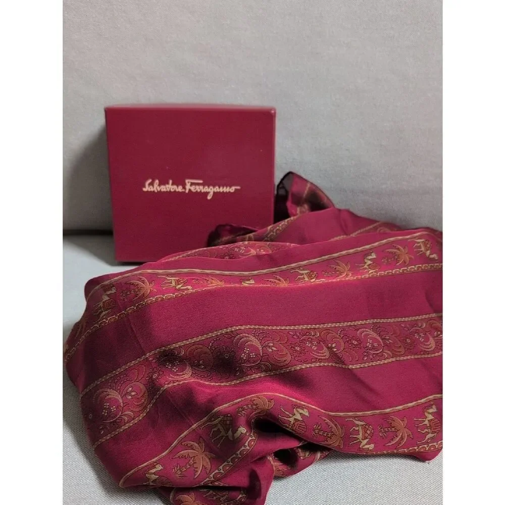 Salvatore Ferragamo Burgundy Silk Striped Floral Scarf with Elephants and Camels